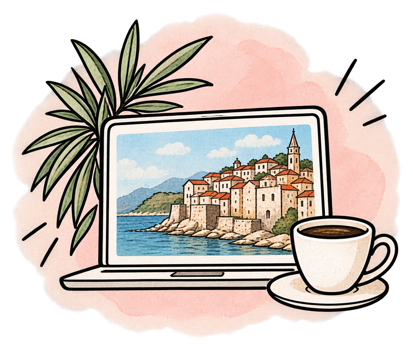 Ilustracija laptopa s mediteranskom destinacijom i šalicom kave