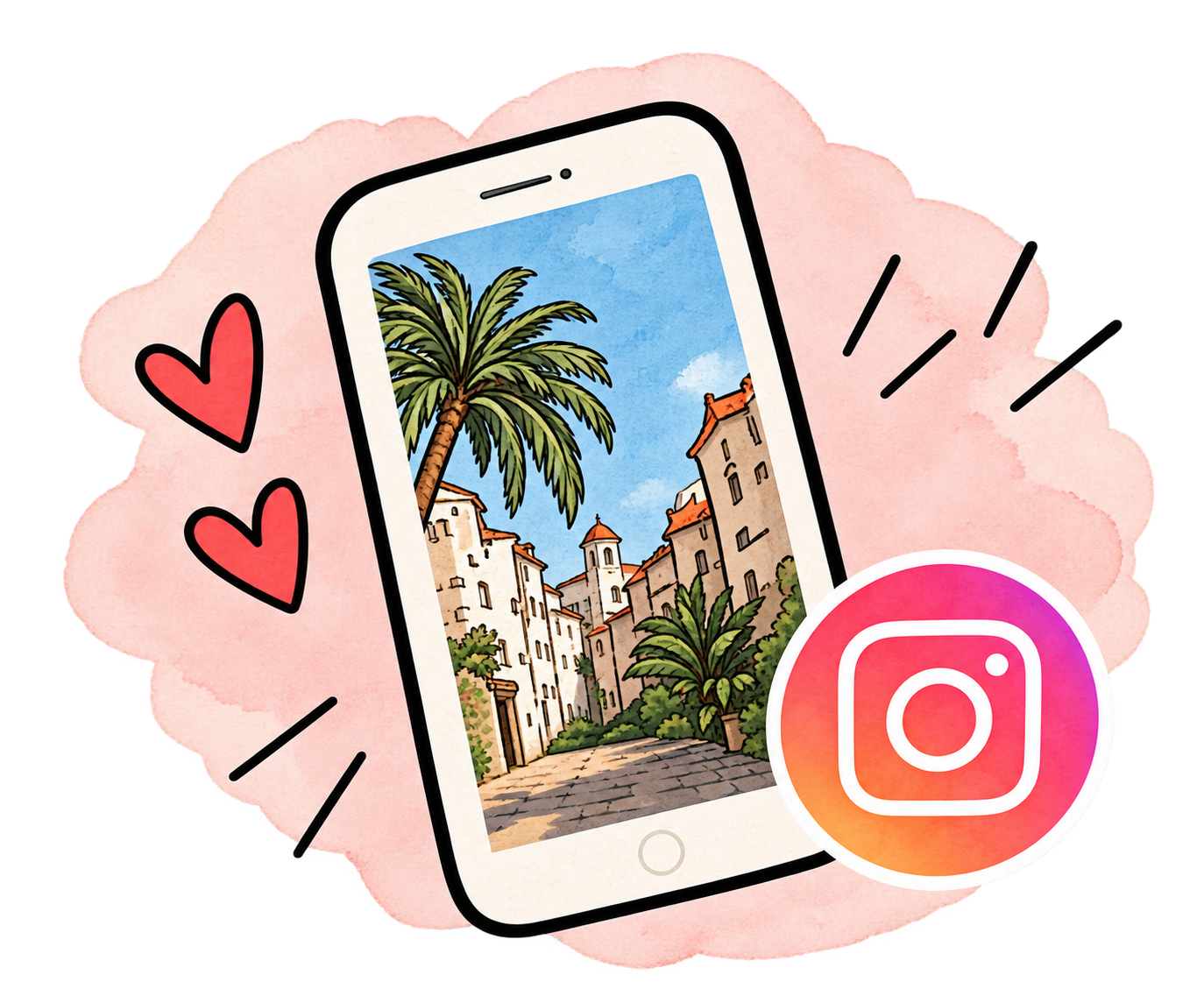 Ilustracija mobitela s fotografijom mediteranske destinacije i Instagram simbolom